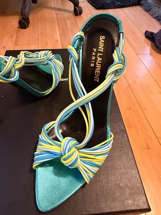 Saint Laurent Teal Satin Knotted Strap Stiletto Sandals - Picture 2 of 6